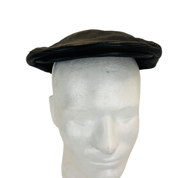 Wilson Leather Newsboy Flat Cap Ivy Driver Hat Black Genuine Leather L Vtg Biker - Picture 7 of 7